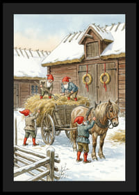 Des elfes rouges travaillant à la grange dans la neige hivernale-4