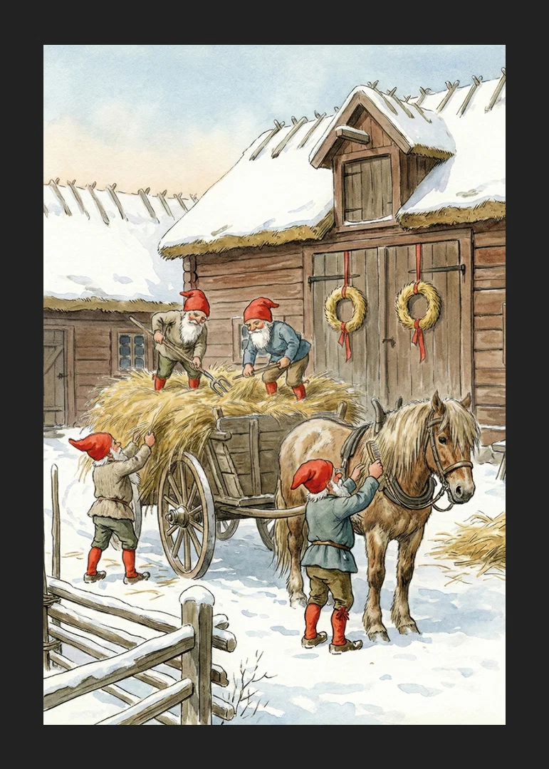 Red elves working at the barn in the winter snow-12
