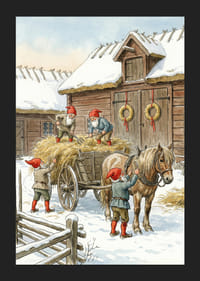 Des elfes rouges travaillant à la grange dans la neige hivernale-5