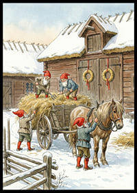 Des elfes rouges travaillant à la grange dans la neige hivernale-6