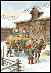 Red elves working at the barn in the winter snow-6