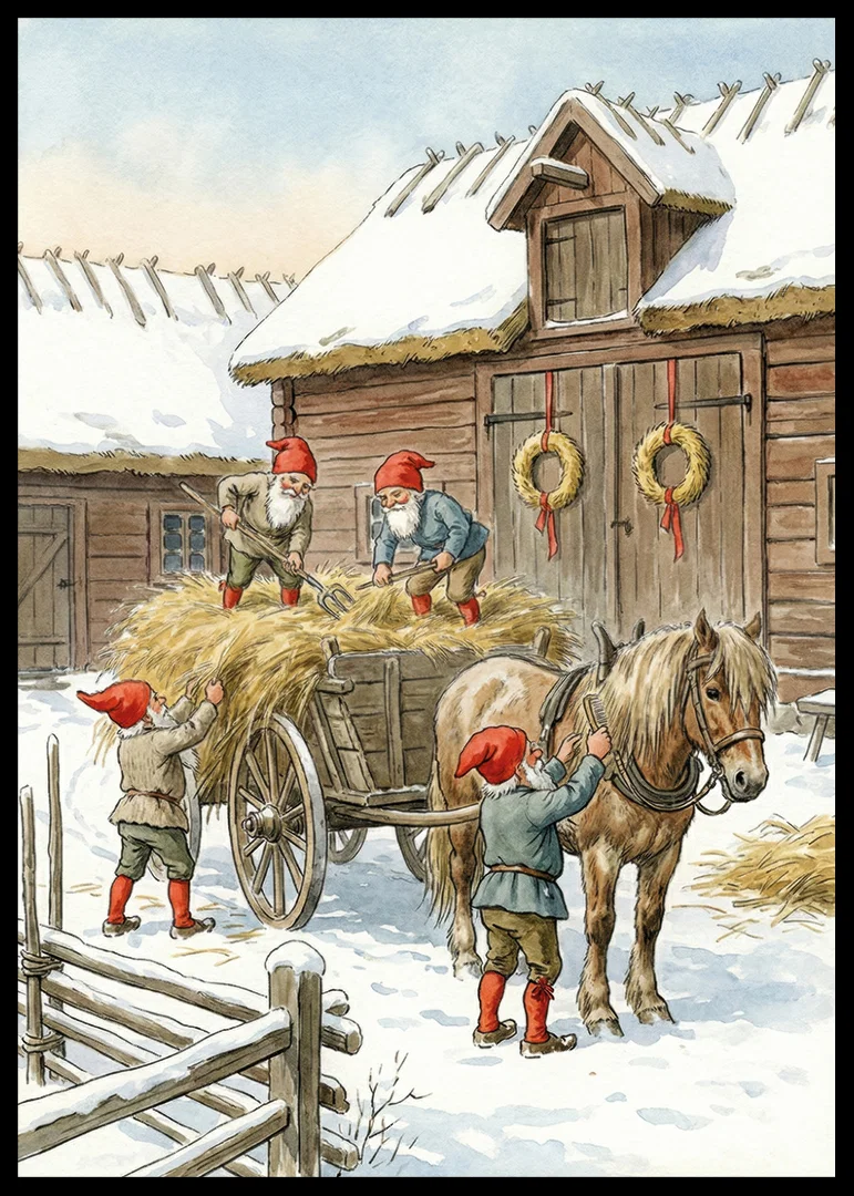 Red elves working at the barn in the winter snow-12