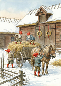 Des elfes rouges travaillant à la grange dans la neige hivernale-7
