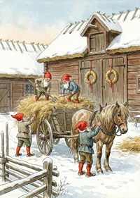 Red elves working at the barn in the winter snow-7
