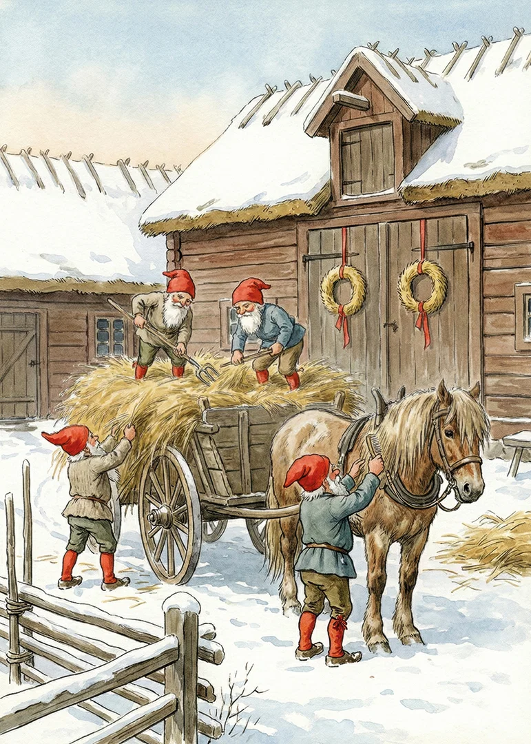 Red elves working at the barn in the winter snow-12