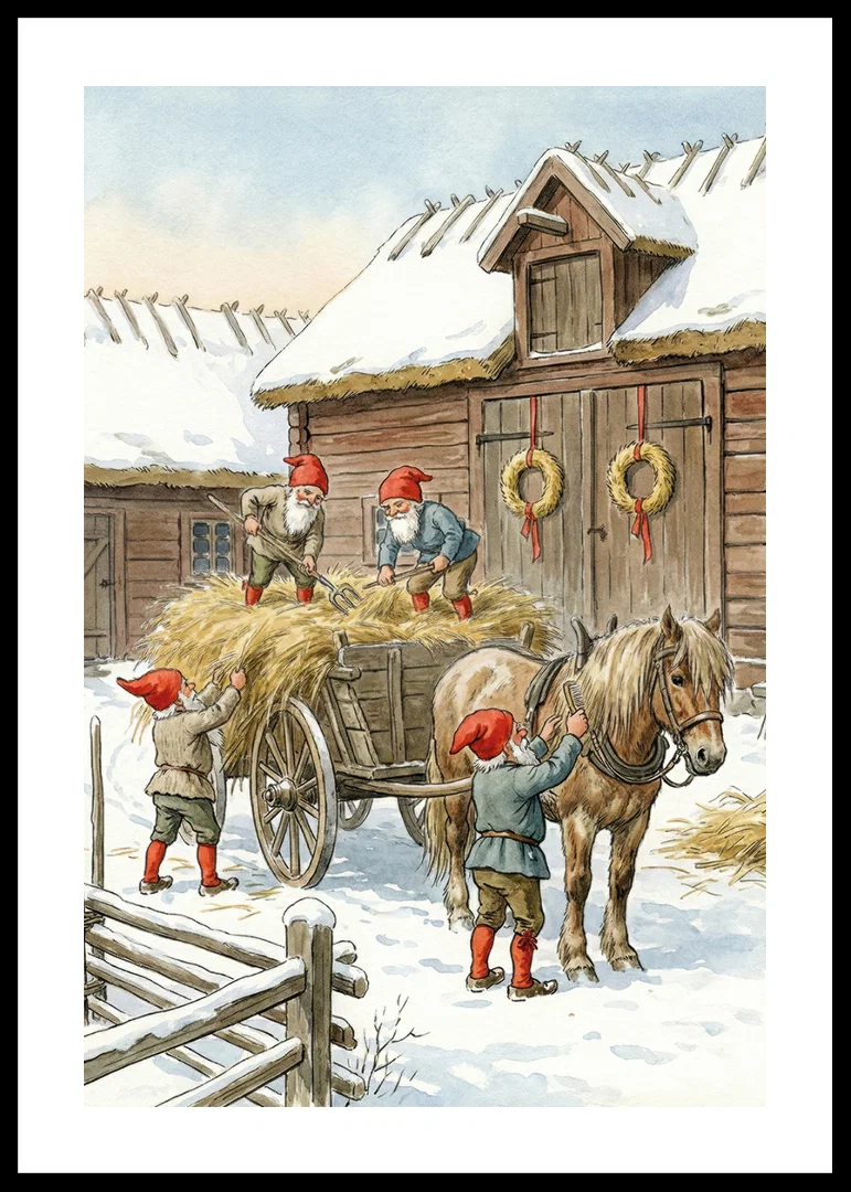 Red elves working at the barn in the winter snow-12