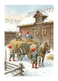 Red elves working at the barn in the winter snow-1