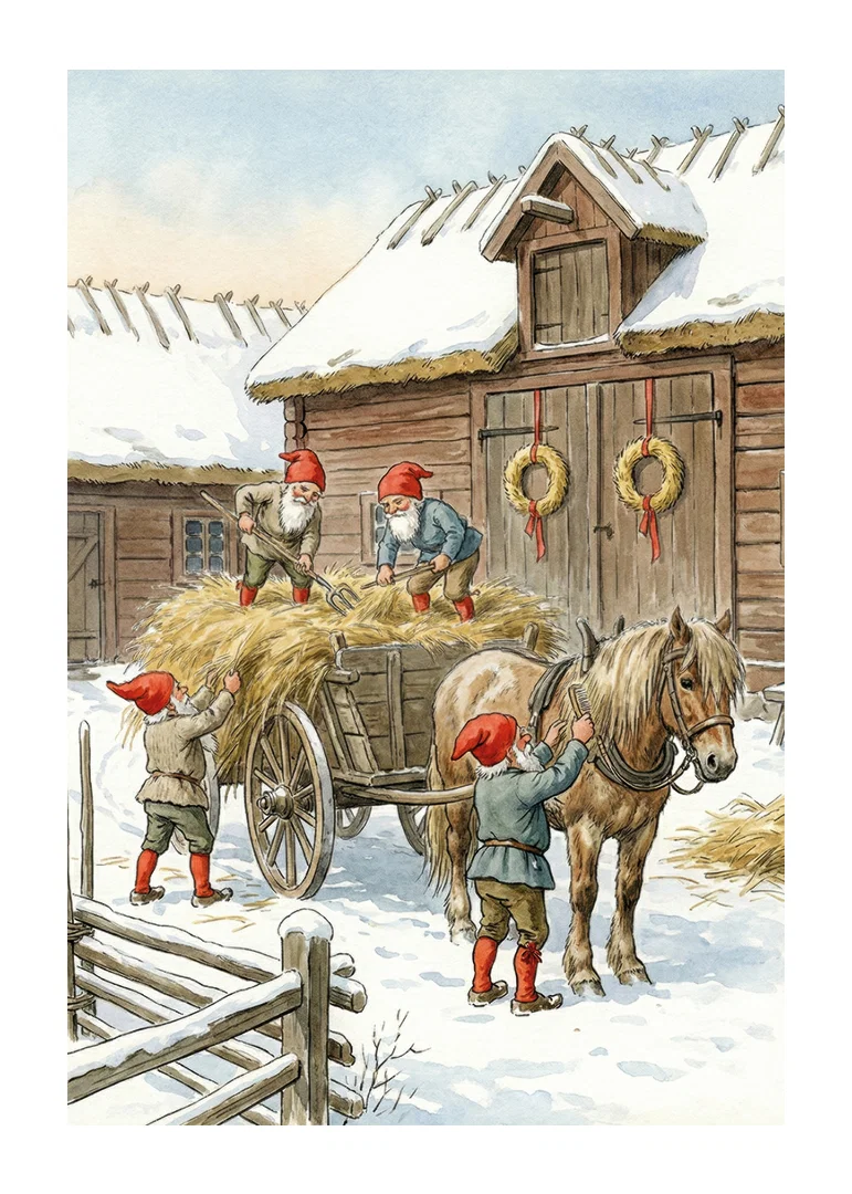 Red elves working at the barn in the winter snow-12