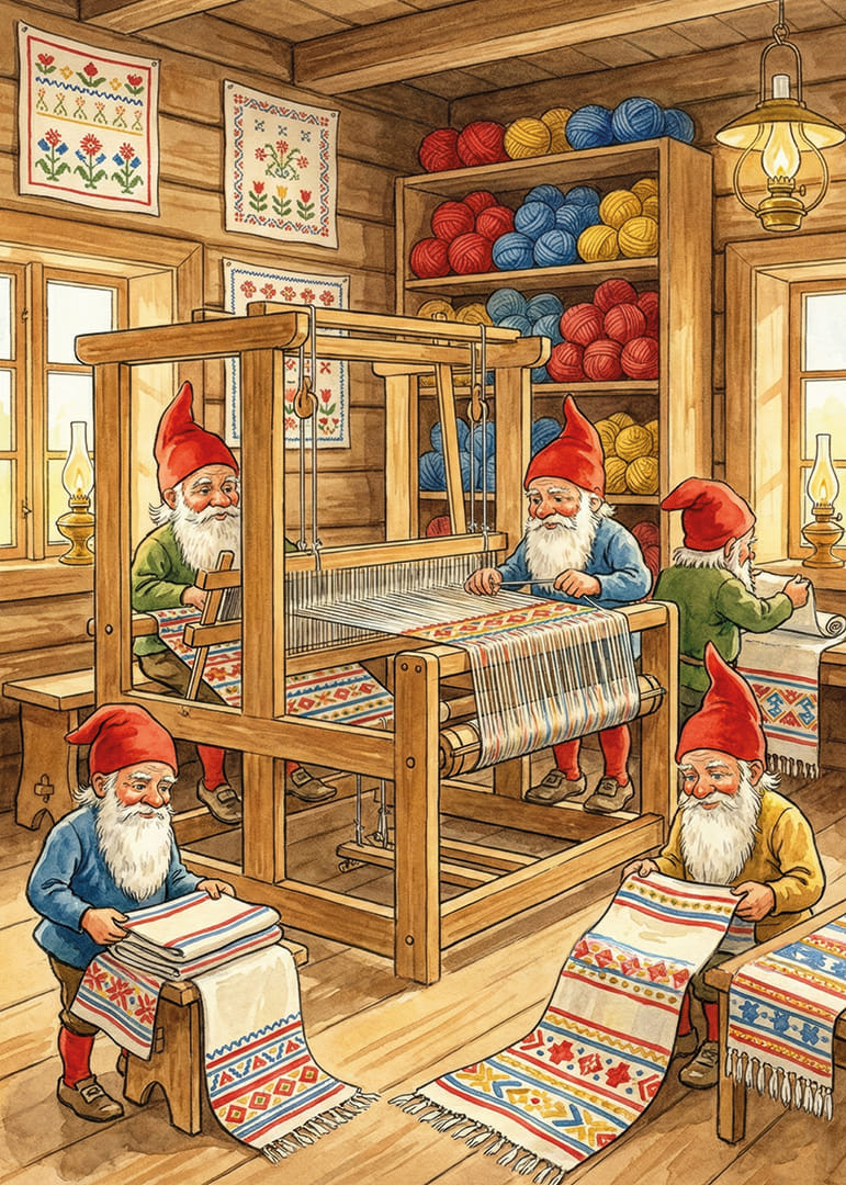 Värikkäät tontut kutovat viehättävässä puumökissä-12