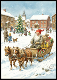 Julenissen bringer gaver til en snødekt landsby-2