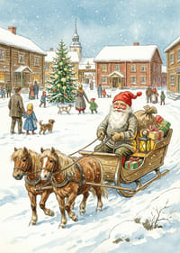 Julenissen bringer gaver til en snødekt landsby-3