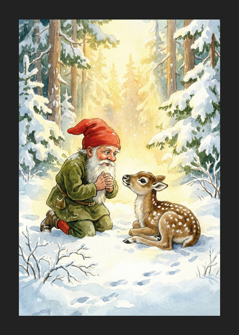 Troll and deer in the magical light of the winter forest-12