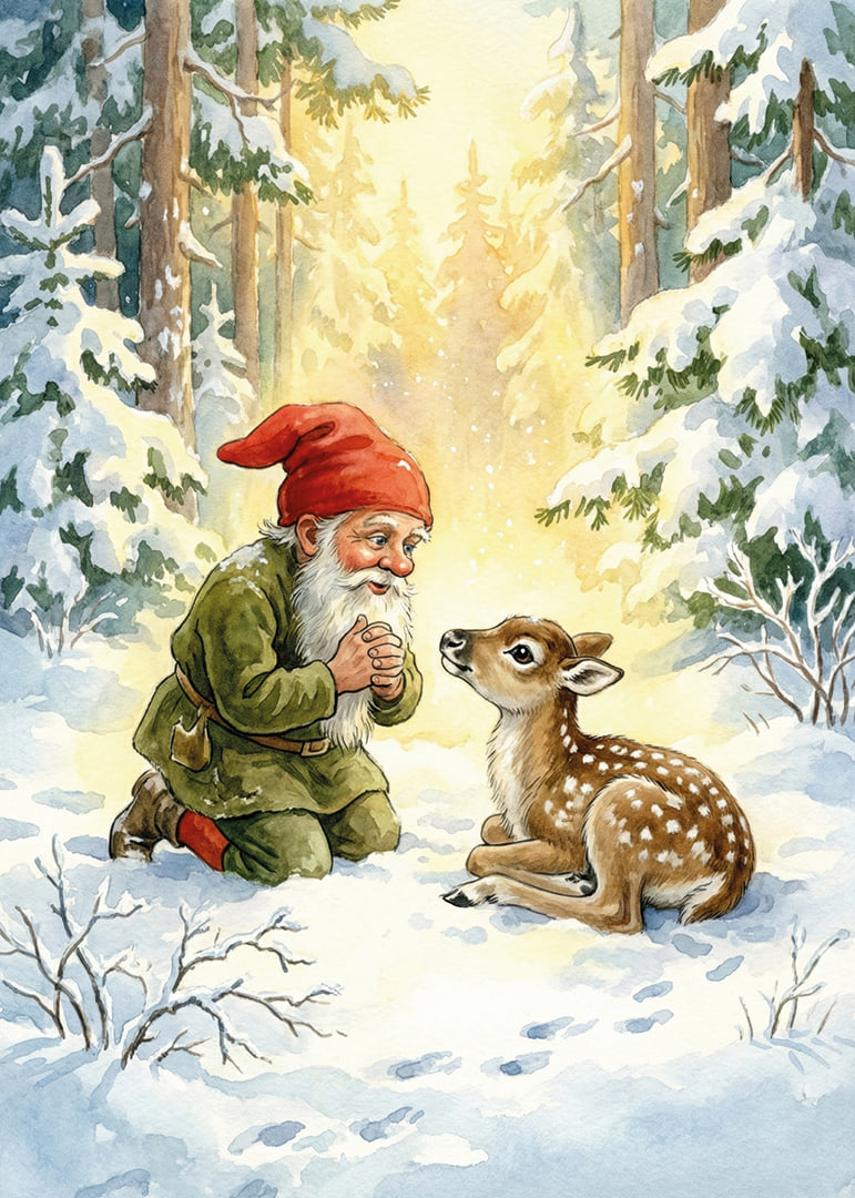 Troll and deer in the magical light of the winter forest-12