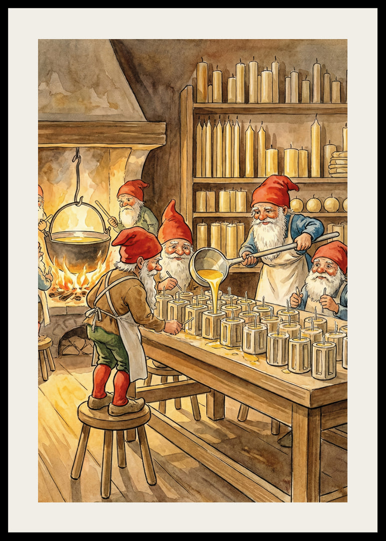 Le gnome fabrique des bougies dans un atelier confortable-12