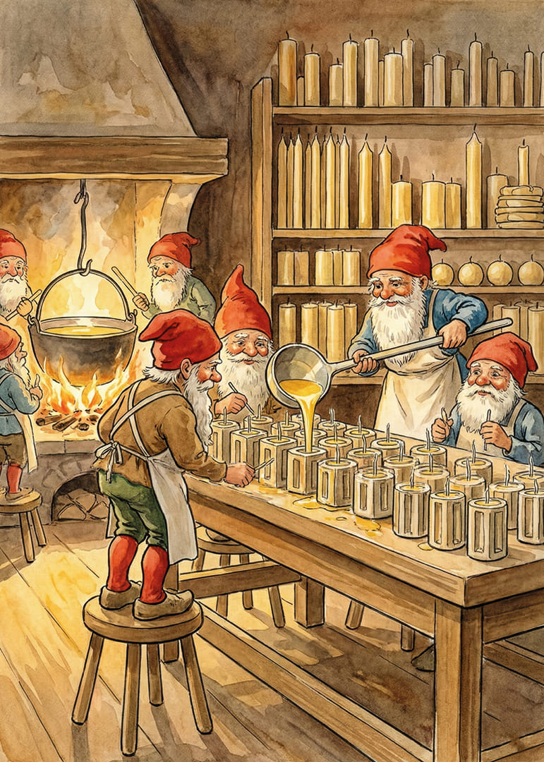 Le gnome fabrique des bougies dans un atelier confortable-12