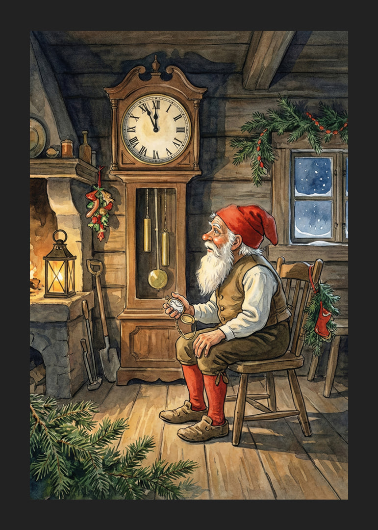 Santa Claus is resting by the clock in a warm cabin-12