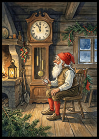 Santa Claus is resting by the clock in a warm cabin-6