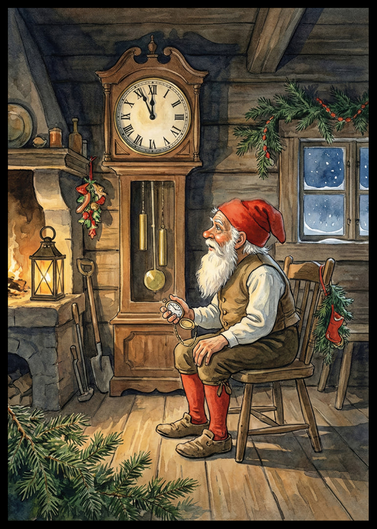 Santa Claus is resting by the clock in a warm cabin-12