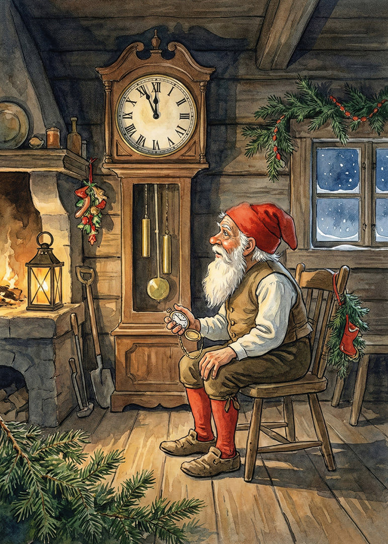 Santa Claus is resting by the clock in a warm cabin-12