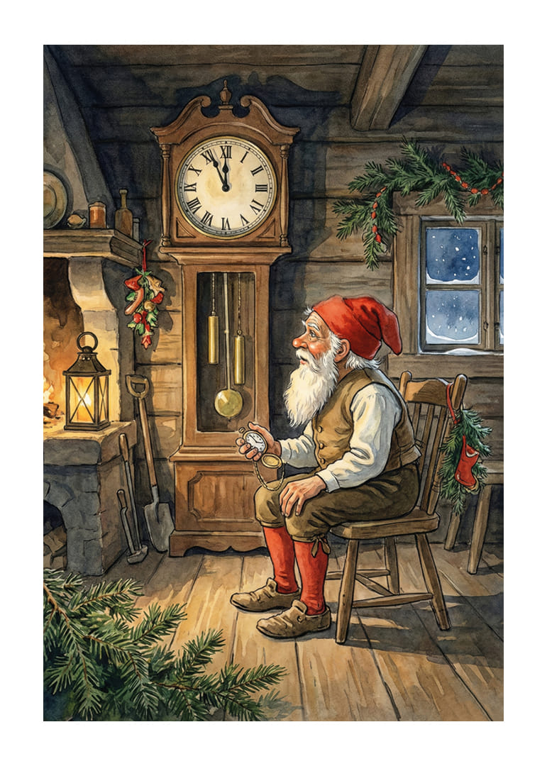 Le Père Noël se repose près de l'horloge dans une cabane bien chaude-12