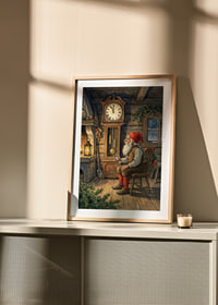 Santa Claus is resting by the clock in a warm cabin-8
