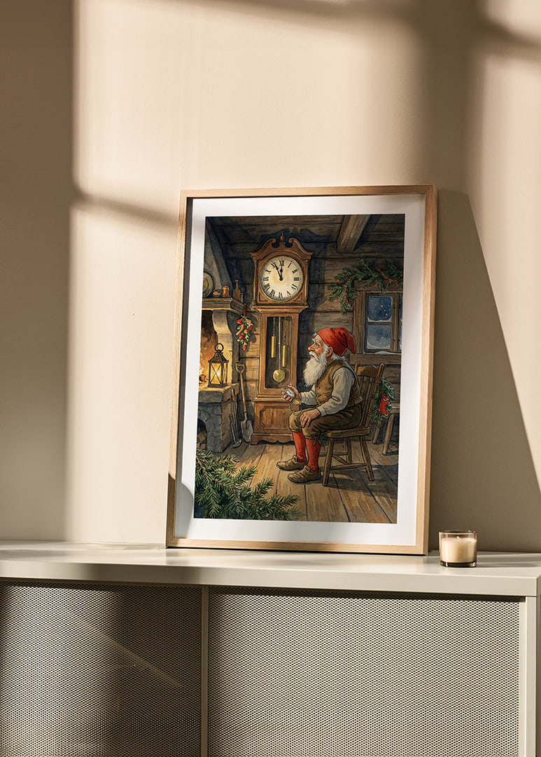 Santa Claus is resting by the clock in a warm cabin-12