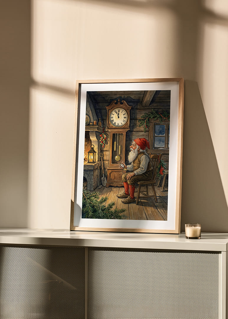 Le Père Noël se repose près de l'horloge dans une cabane bien chaude-12