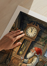 Santa Claus is resting by the clock in a warm cabin-9