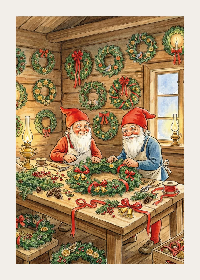 Two elves create Christmas wreaths with love and joy-12