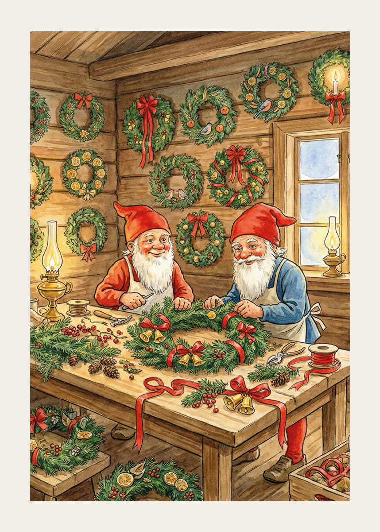 Deux elfes confectionnent des couronnes de Noël avec amour et joie-12