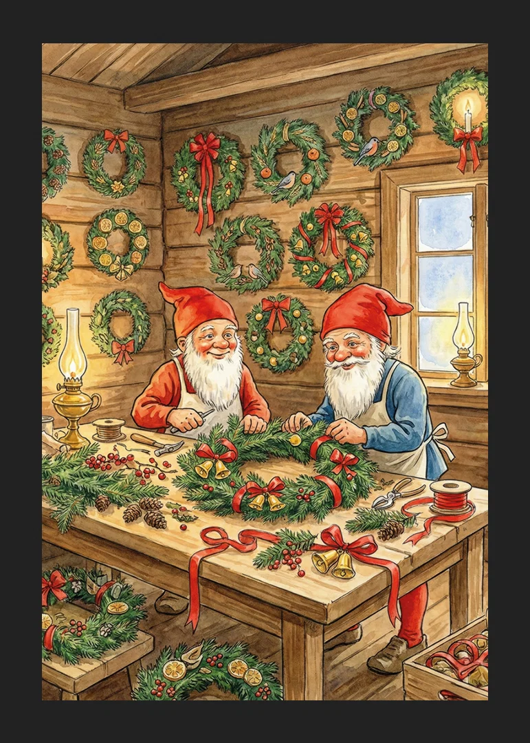 Two elves create Christmas wreaths with love and joy-12