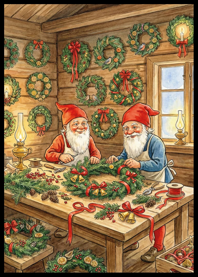 Two elves create Christmas wreaths with love and joy-12