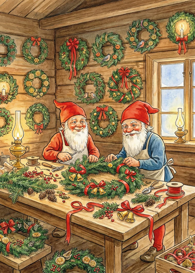 Two elves create Christmas wreaths with love and joy-12