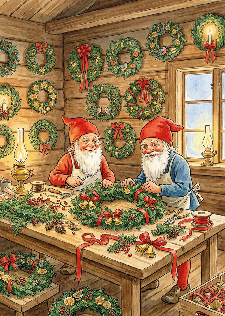 Deux elfes confectionnent des couronnes de Noël avec amour et joie-12