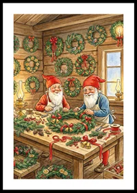 Two elves create Christmas wreaths with love and joy-0