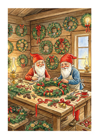 Deux elfes confectionnent des couronnes de Noël avec amour et joie-1