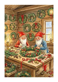 Two elves create Christmas wreaths with love and joy-1
