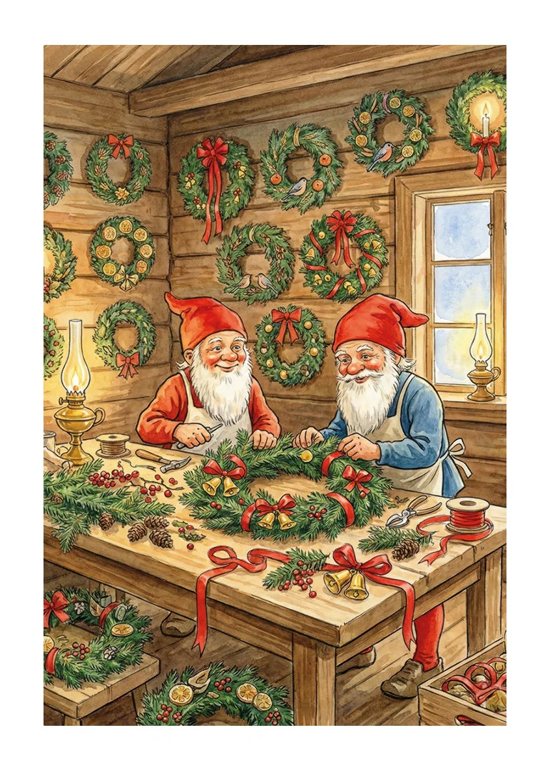 Two elves create Christmas wreaths with love and joy-12