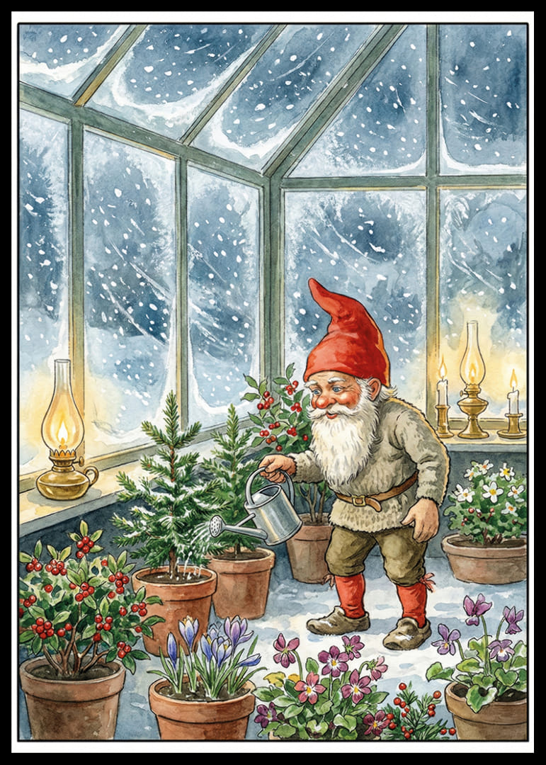 Un Père Noël arrosant des fleurs dans un jardin enneigé en hiver-12