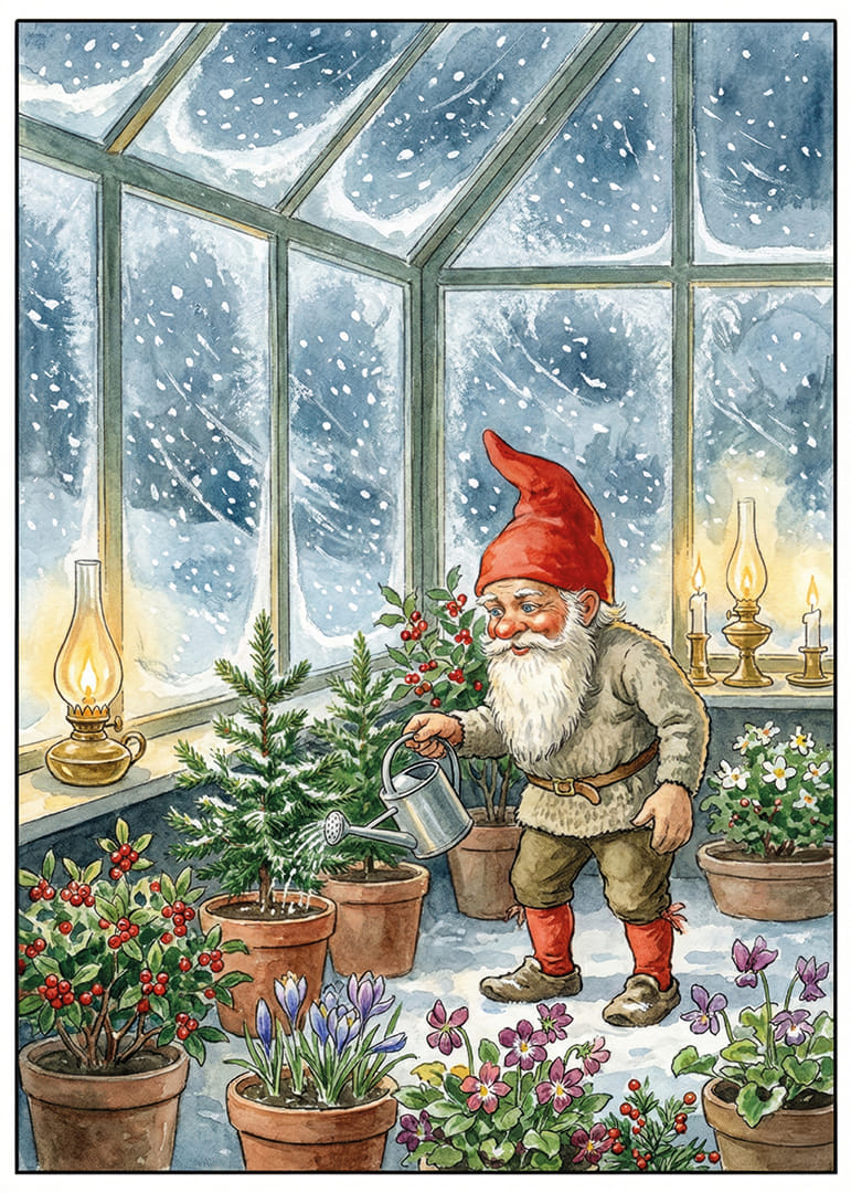 Un Père Noël arrosant des fleurs dans un jardin enneigé en hiver-12