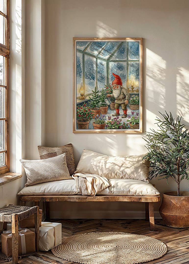 Un Père Noël arrosant des fleurs dans un jardin enneigé en hiver-12