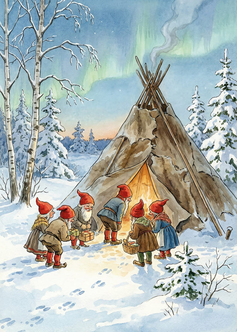 Tomtar samlas i vinterskogen under det glödande norrskenet-12