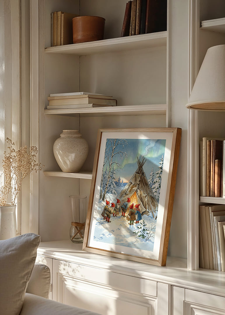 Tomtar samlas i vinterskogen under det glödande norrskenet-12