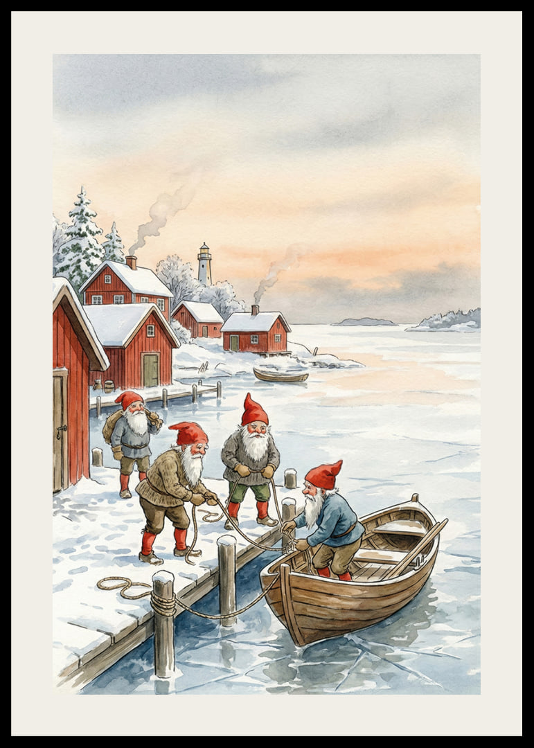 Julstämning vid bryggan med tomtar mot en vinterhimmel-12