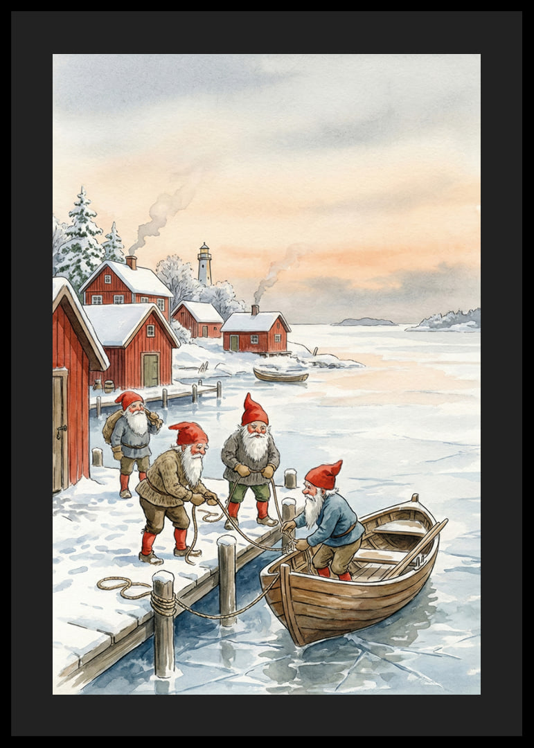 Julstämning vid bryggan med tomtar mot en vinterhimmel-12