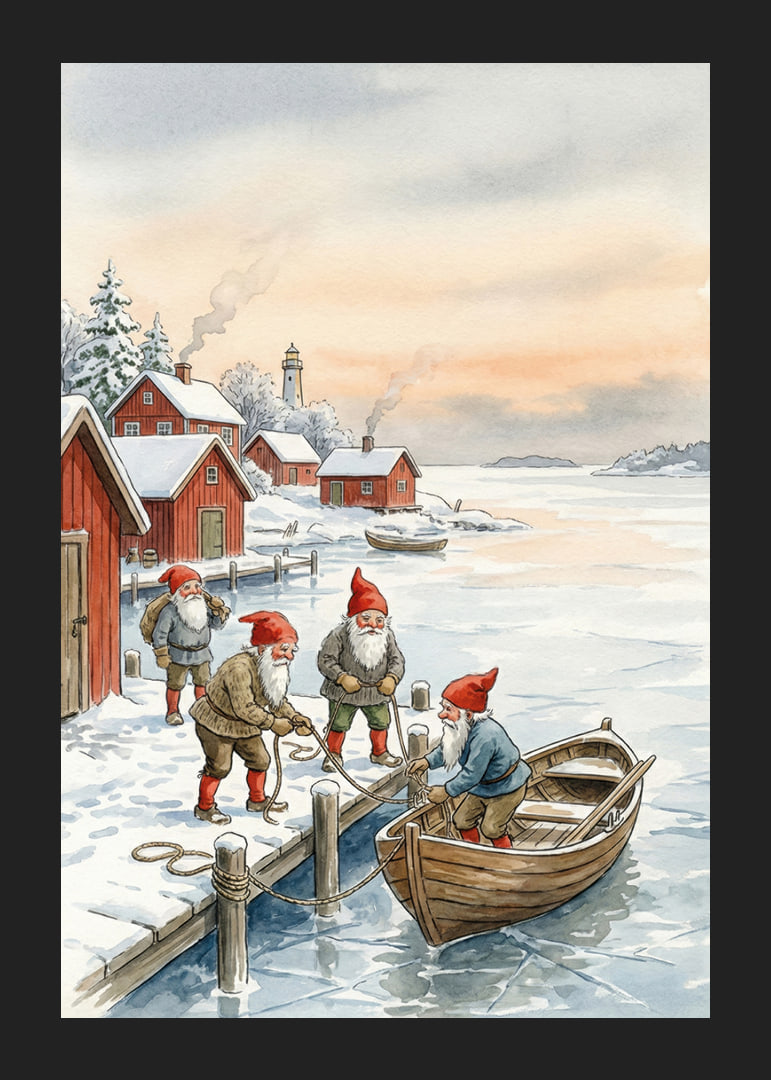 Julstämning vid bryggan med tomtar mot en vinterhimmel-12