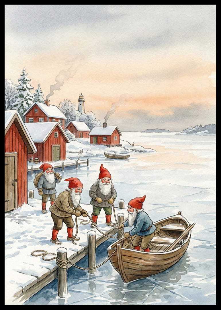 Julstämning vid bryggan med tomtar mot en vinterhimmel-12