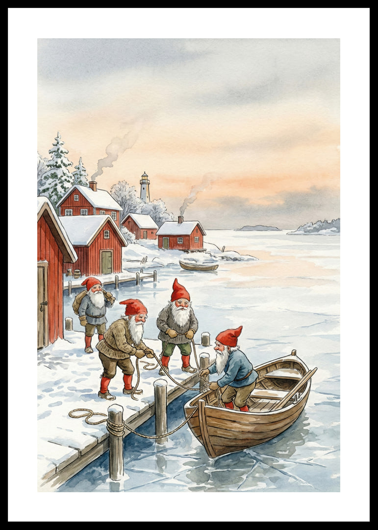 Julstämning vid bryggan med tomtar mot en vinterhimmel-12