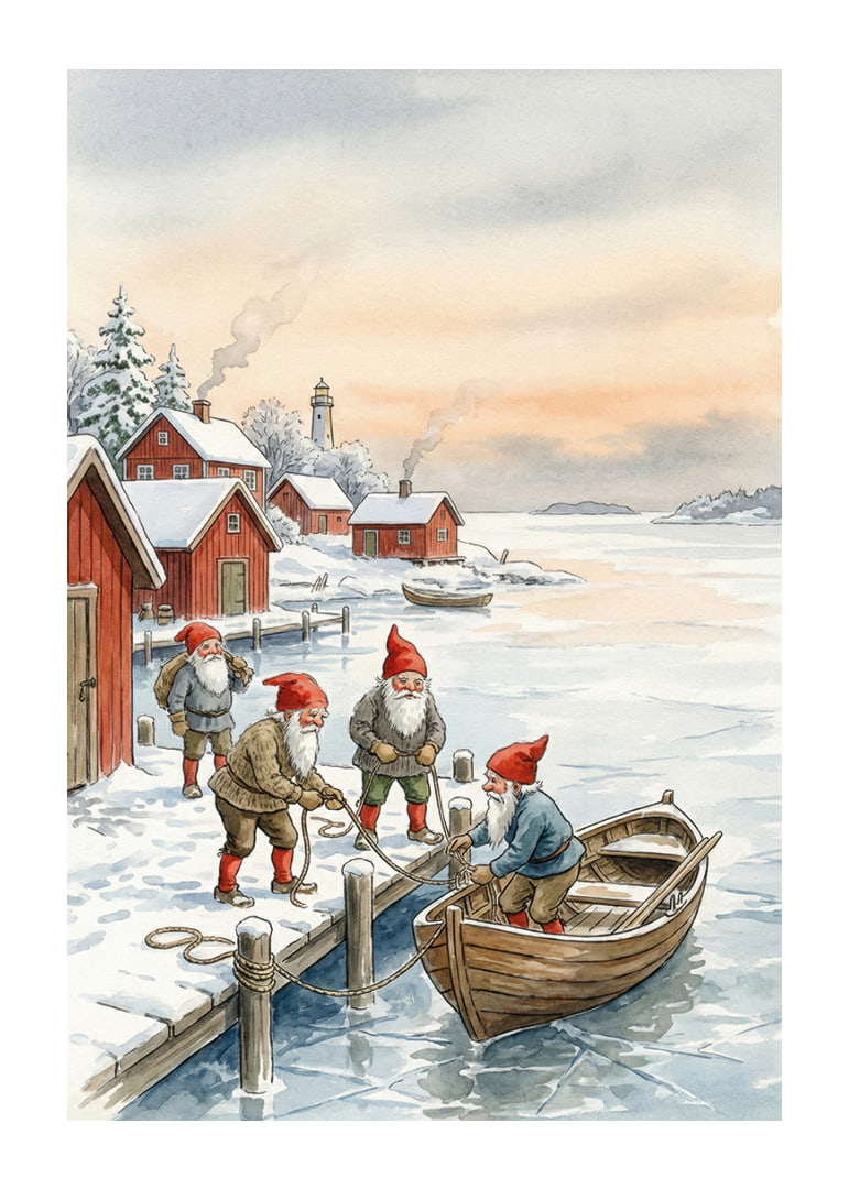 Julstämning vid bryggan med tomtar mot en vinterhimmel-12