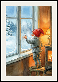 Santa Claus looks out through frosted winter window in warm cabin-2